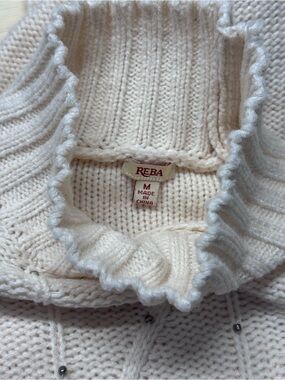 REBA Ivory Beaded Cable Knit Sweater Size Medium Cozy Mock Neck